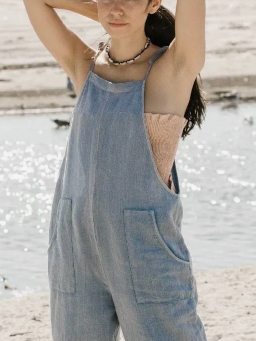 lovestitch Light Blue Tie-Shoulder Linen/Cotton Blend Romper, Size Small